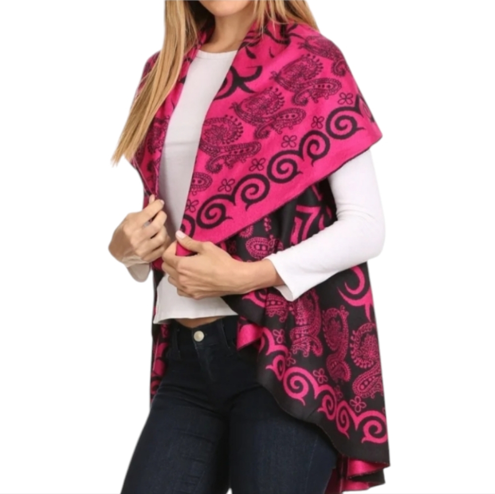 Reversible 100% Cashmere Pashmina Wrap Shawl Magenta Black Scarf Poncho One Size